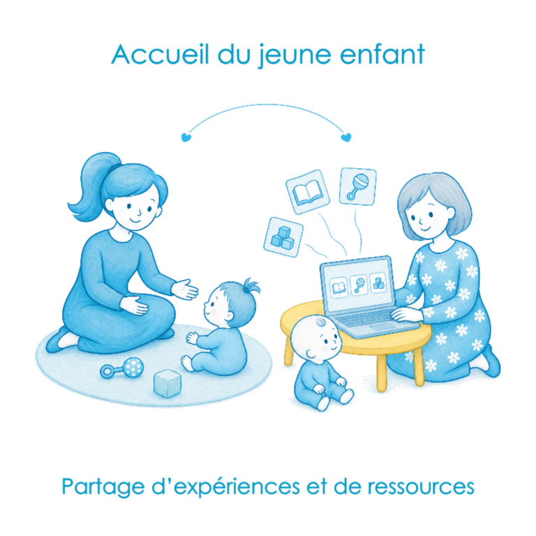 Illustration des deux axes d’ENFANCE point Services : Mathilde accueille les enfants, tandis que Magali partage des expériences et des ressources en ligne